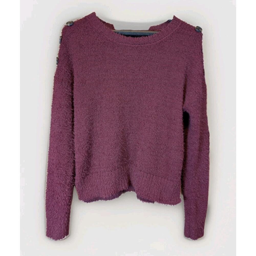 Women's Plum Fuzzy Sweater Button Shoulder Accents Moral Fibers Size S* Preppy